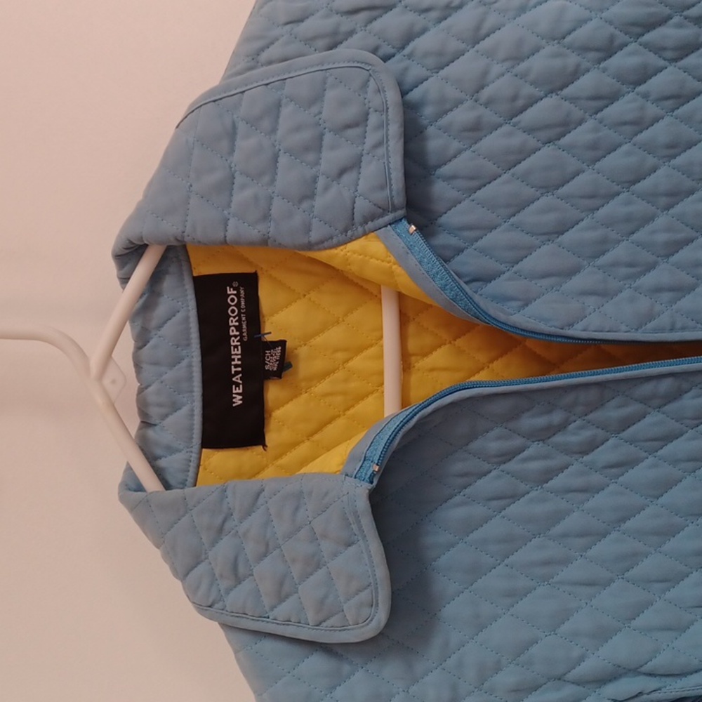 Blue Quilted Soft Shell Zipper Coat Jacket Diamond Design Yellow Liner Weathrprf - Picture 2 of 10